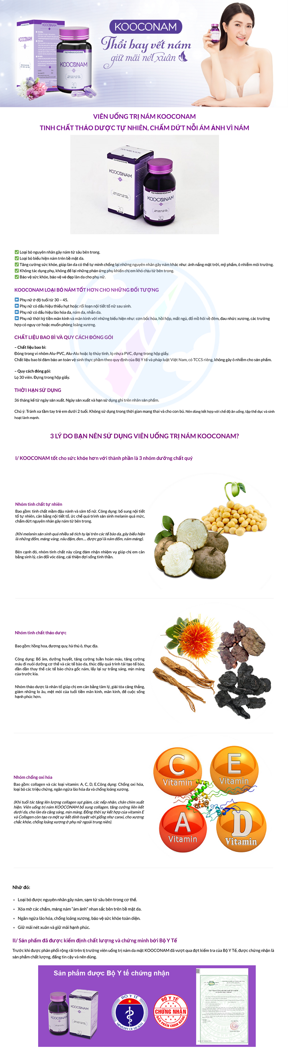 Thực phẩm chức năng: Viên Uống Thảo Dược Cân Bằng Nội Tiết, Giảm Thâm Nám KOOCONAM