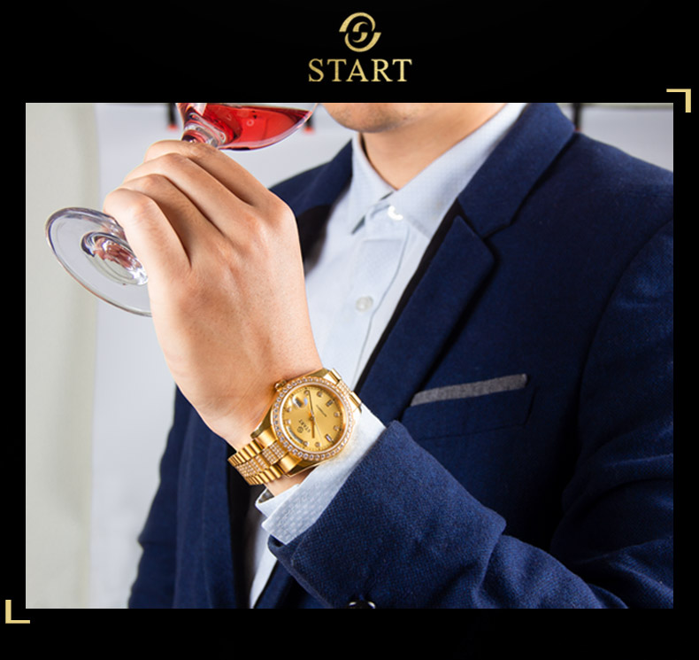 【START】Đồng hồ nam chống nước đồng hồ cơ tự động chức năng hiển thị thứ ngày đồng hồ kim cương đồng hồ kim cương Dây đeo khóa bướm Đồng hồ vàng