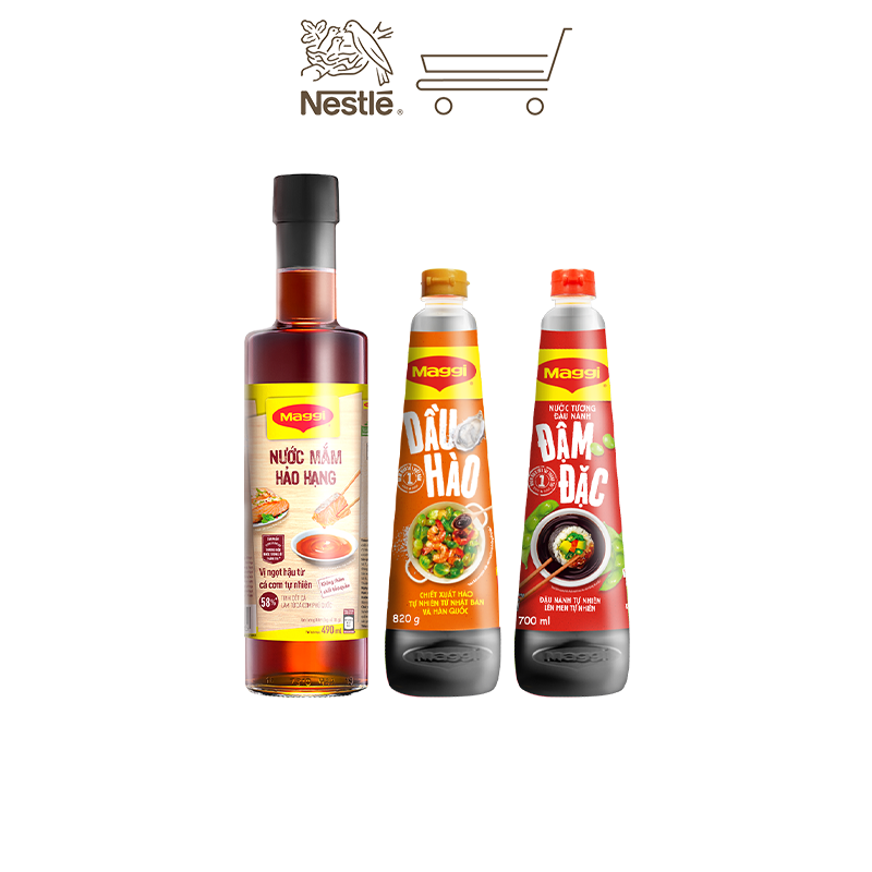 COMBO MAGGI ĐẬM ĐÀ 1 : 1 Chai nước tương đậu nành Đậm Đặc 700ml + 1 Chai dầu hào 820g + 1 Chai nước mắm Hảo Hạng chai thủy tinh 490ml