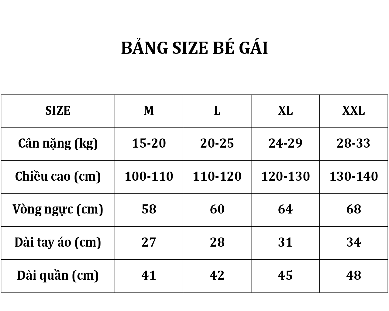 Bảng size