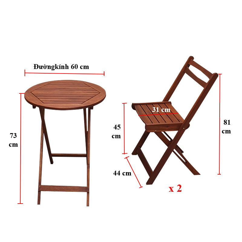 Kích thước bộ bàn ghế cafe cao cấp gỗ tràm gấp gọn - 1 bàn tròn 2 ghế