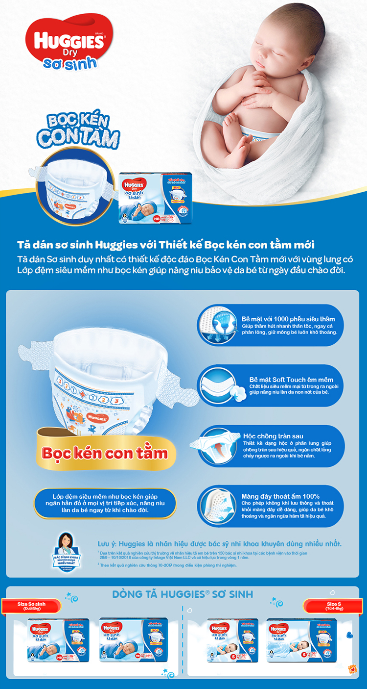 Tã Dán Sơ Sinh Huggies Dry Newborn S56 (56 Miếng)