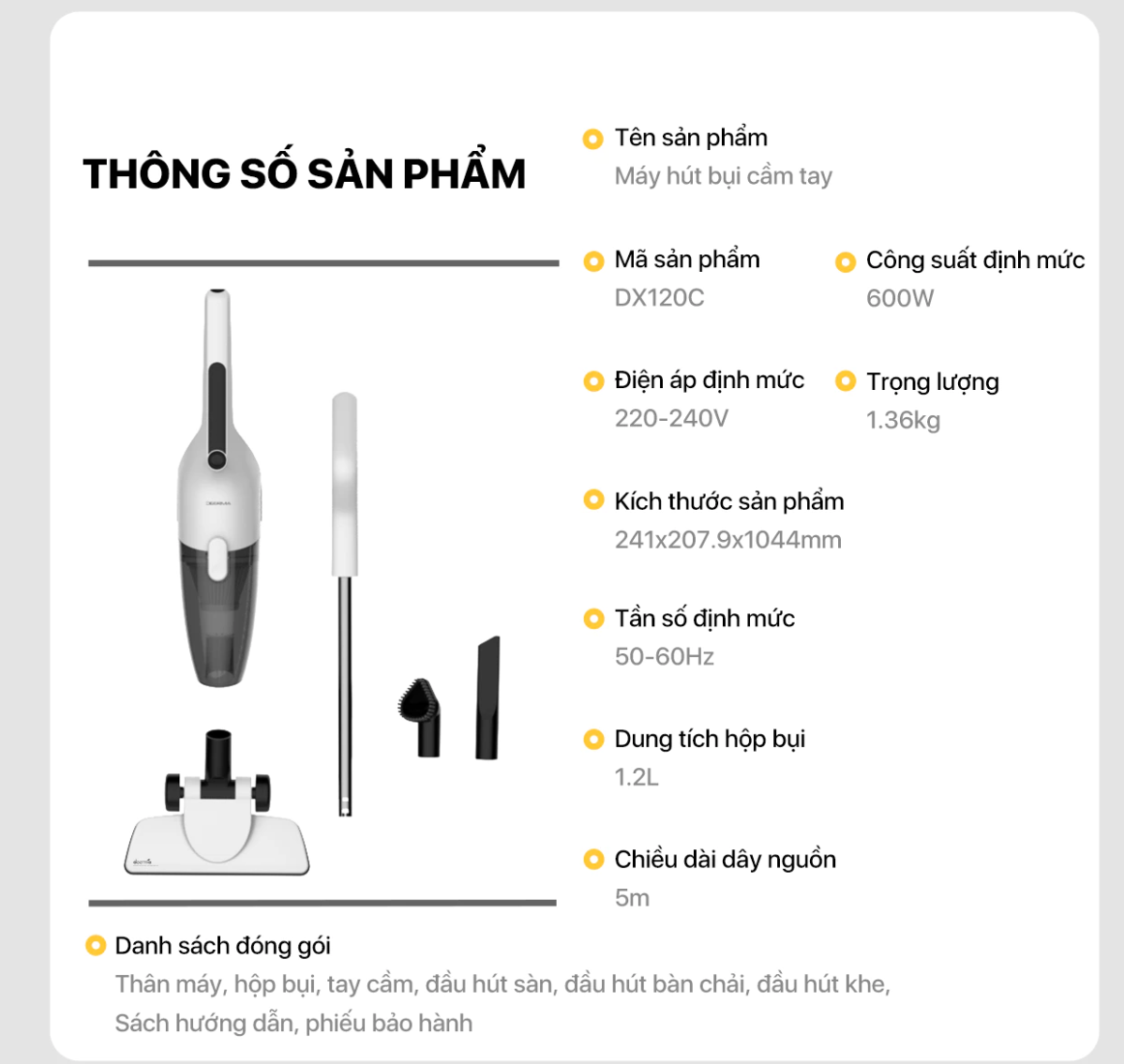 Máy hút bụi Deerma DX120C lực hút 16Kpa, Công suất 600W động cơ không chổi than {New 2025} - Hàng chính hãng