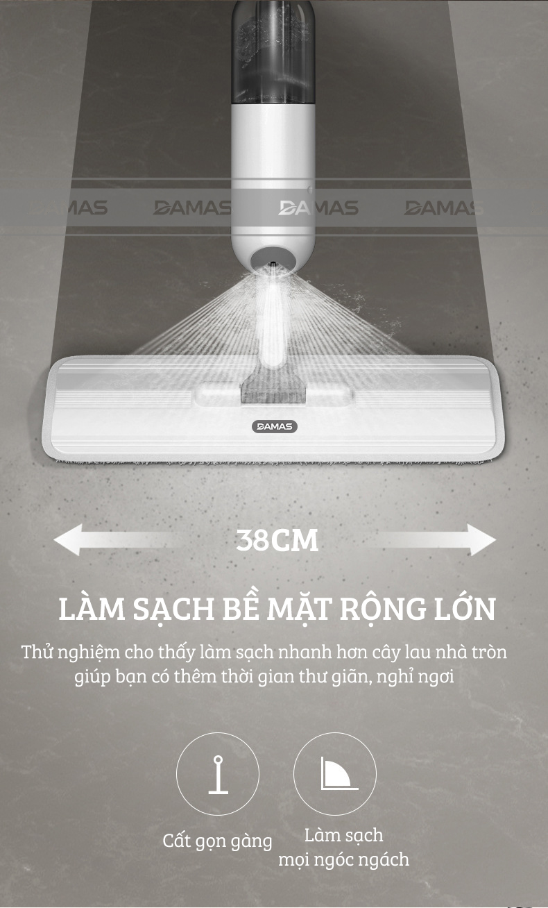 Cây Lau Nhà Phun Sương, Chổi Lau Nhà 360° Lau Sạch Khô Nhanh Cao Cấp Damas P1 Pro - Bản Lau To Giúp Lau Sạch Nhanh Chóng, Khớp Xoay 180 Độ Linh Hoạt - Thiết Kế Mới Tích Hợp Bình Chứa Dung Dịch Với Tốc Độ Phun Sương 0.1s - Hàng Chính Hãng