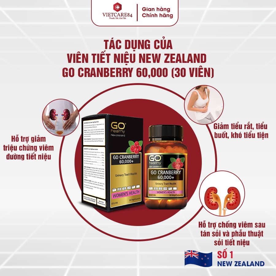 Viên uống viêm đường tiết niệu nhập khẩu chính hãng New Zealand GO CRANBERRY 60000+ (30 viên) hỗ trợ điều trị viêm đường tiết niệu, viêm phụ khoa, giảm tiểu buốt, tiểu dắt, tiểu đêm, khó đi tiểu