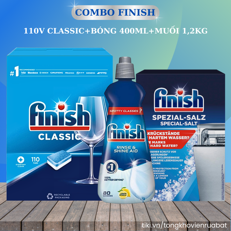 Combo Viên rửa bát Finish 110 viên + Muối Finish 1.2kg + Nước làm bóng Finish 400ml