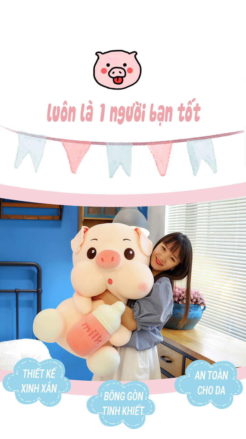 Gấu bông heo ôm bình sữa size 70cm - Hàng chính hãng Hafuto - siêu to khổng lồ, món quà không thể thiếu dành tặng cho bạn gái, đồ chơi nhồi bông thích hợp cho mọi lứa tuổi 3