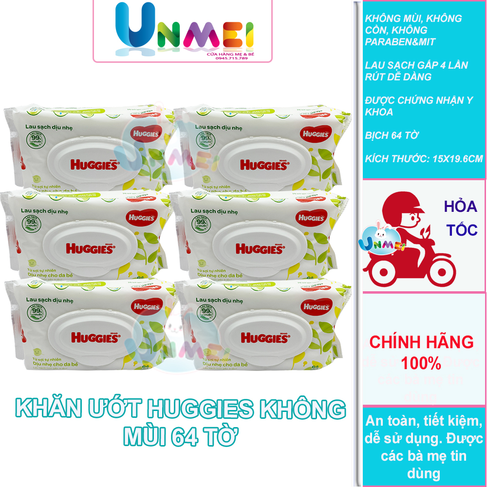 Combo 6 Gói Khăn giấy ướt cho trẻ sơ sinh Huggies không mùi, gói 64 tờ
