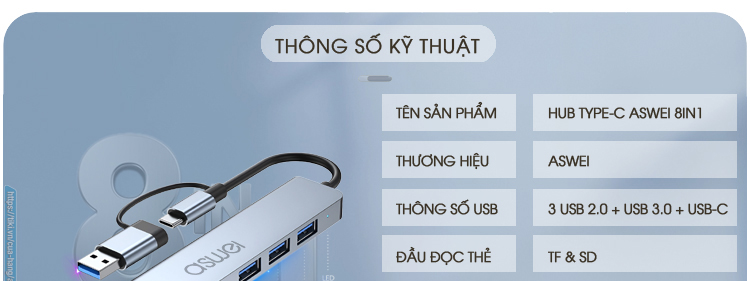 bộ chia usb 3.0, hub type c aswei 8in1