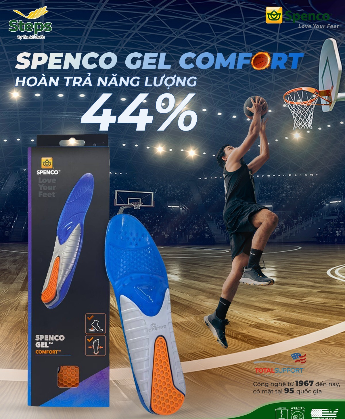 Lót giày thể thao gel silicon cho bóng đá, chạy bộ, cầu lông, tennis, bóng bàn Spenco Gel Comfort