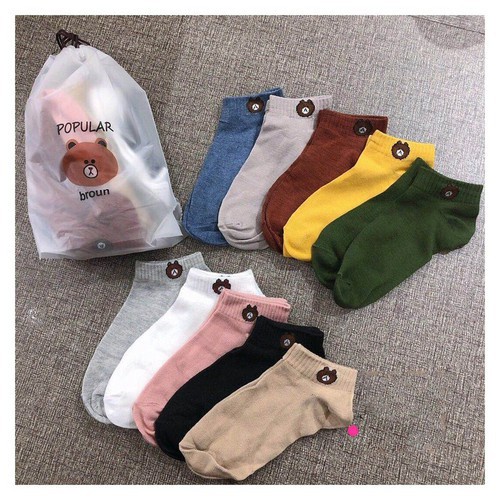 Bộ 10 Đôi Vớ / Tất Hình Gấu Cotton Nhiều Màu Kèm Túi Đựng