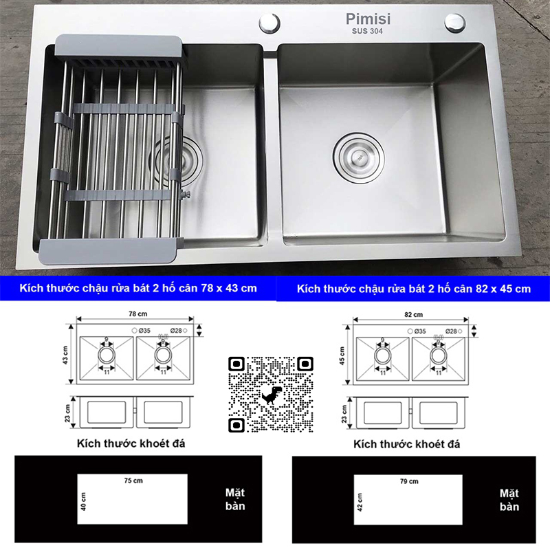 Kích thước chậu rủa bát inox 304 kiểu 2 hố cân Pimisi