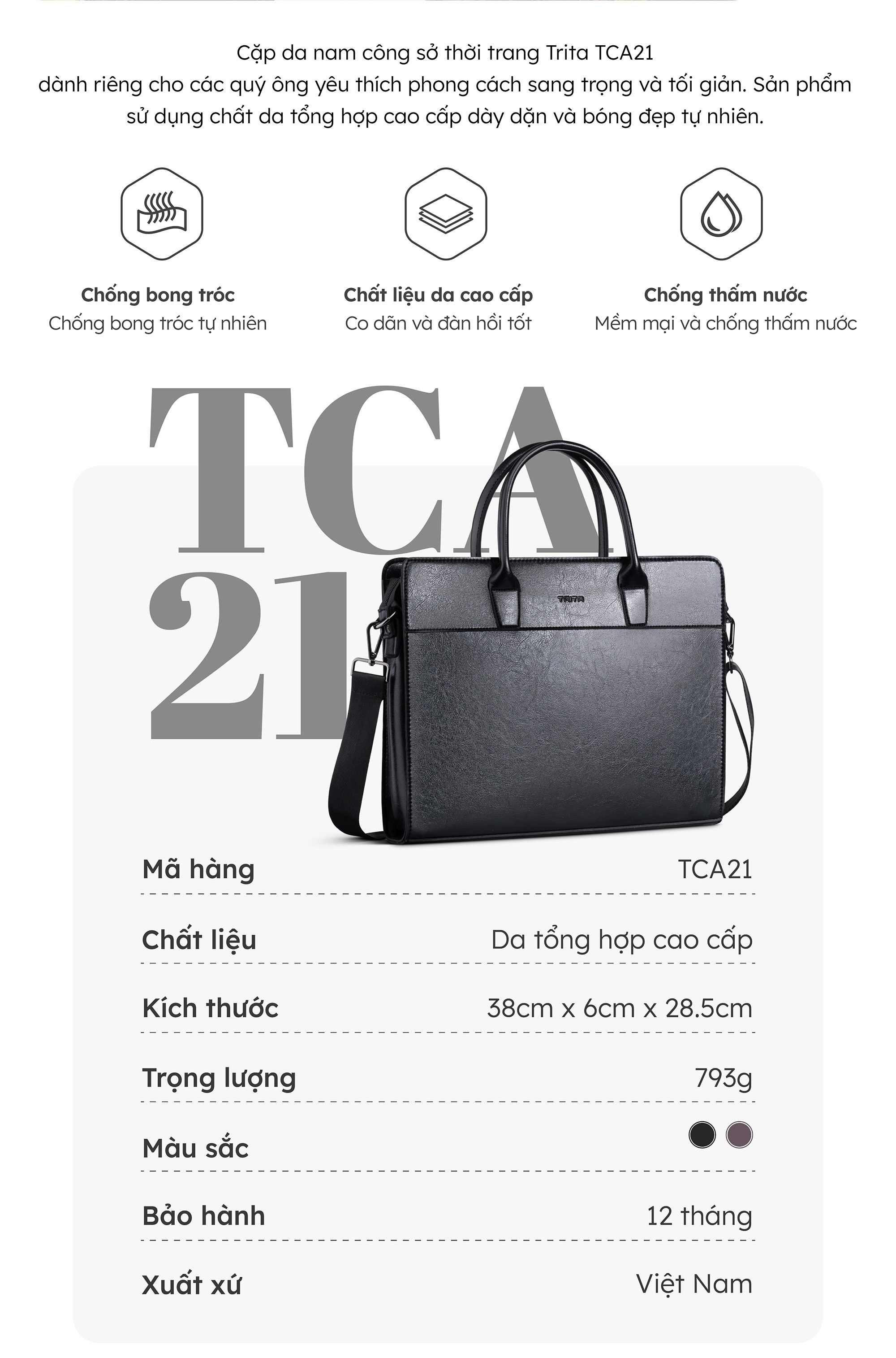 Cặp công sở Trita ( Thời trang nam đựng vừa laptop 13.3 inch - Cặp da TCA21 )