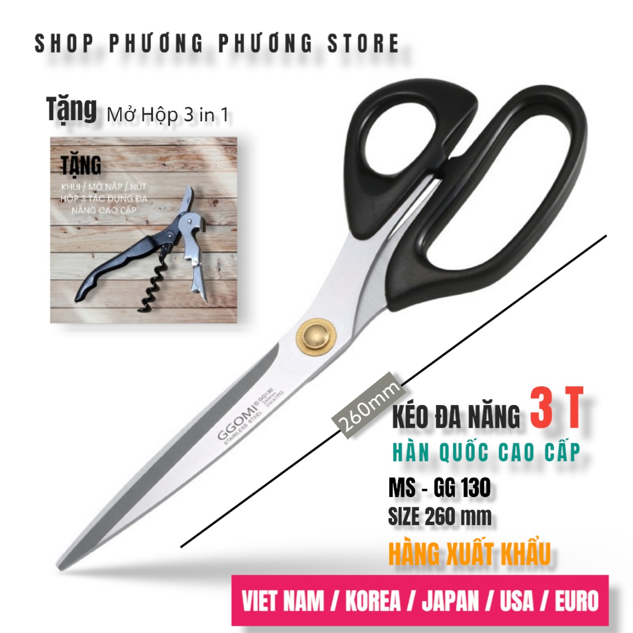 Kéo Xịn GGOMI Hàn Quốc Nhà Bếp Kéo Cắt Gà Cắt Đồ Đa Năng Cao Cấp ( Tặng Khui Hộp 3 in 1 )