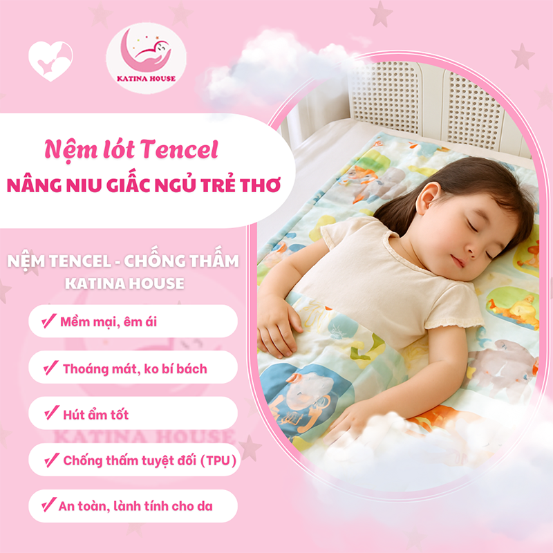 Nệm cho bé đi học tiểu học, trung học Katina House, vải tencel mềm mịn mát, nệm chống thấm