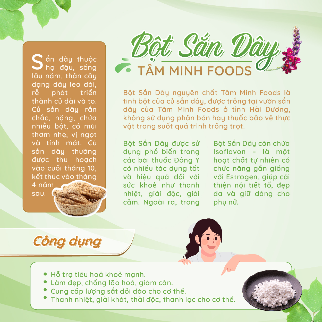 Bột sắn dây nguyên chất 1kg TÂM MINH FOODS làm mát thanh lọc cơ thể