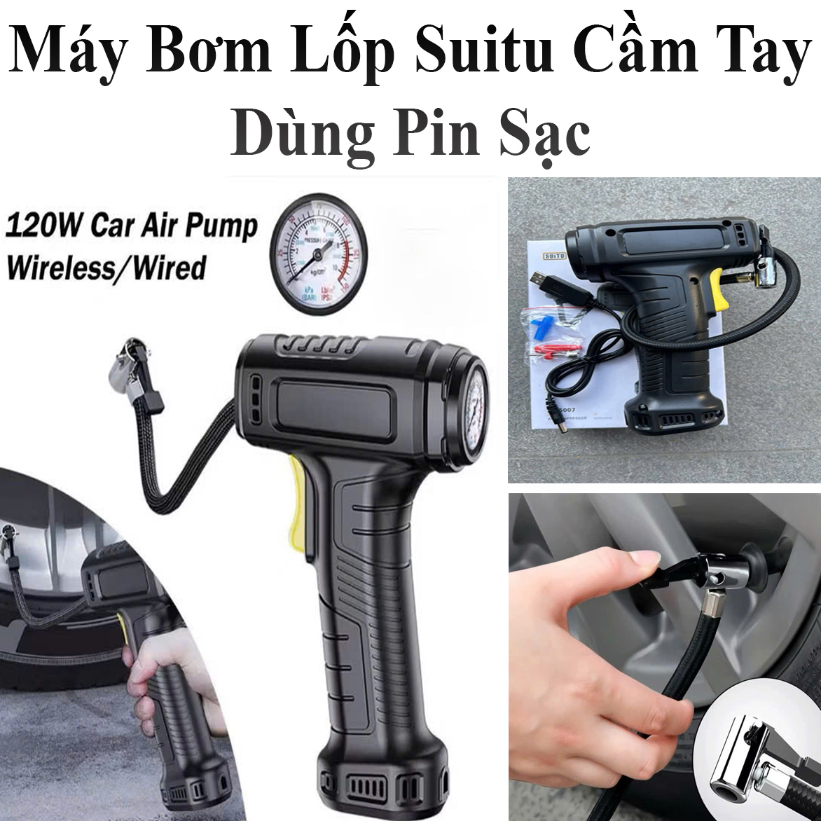 Máy bơm lốp cầm tay cho xe hơi, xe máy sạc pin không dây cầm tay dễ dàng tiện lợi đa năng (Tặng kèm quà ngẫu nhiên)