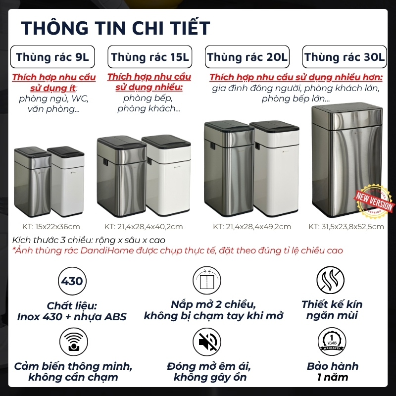 Thùng rác thông minh cảm ứng tự động đóng mở DandiHome - Tặng pin AA