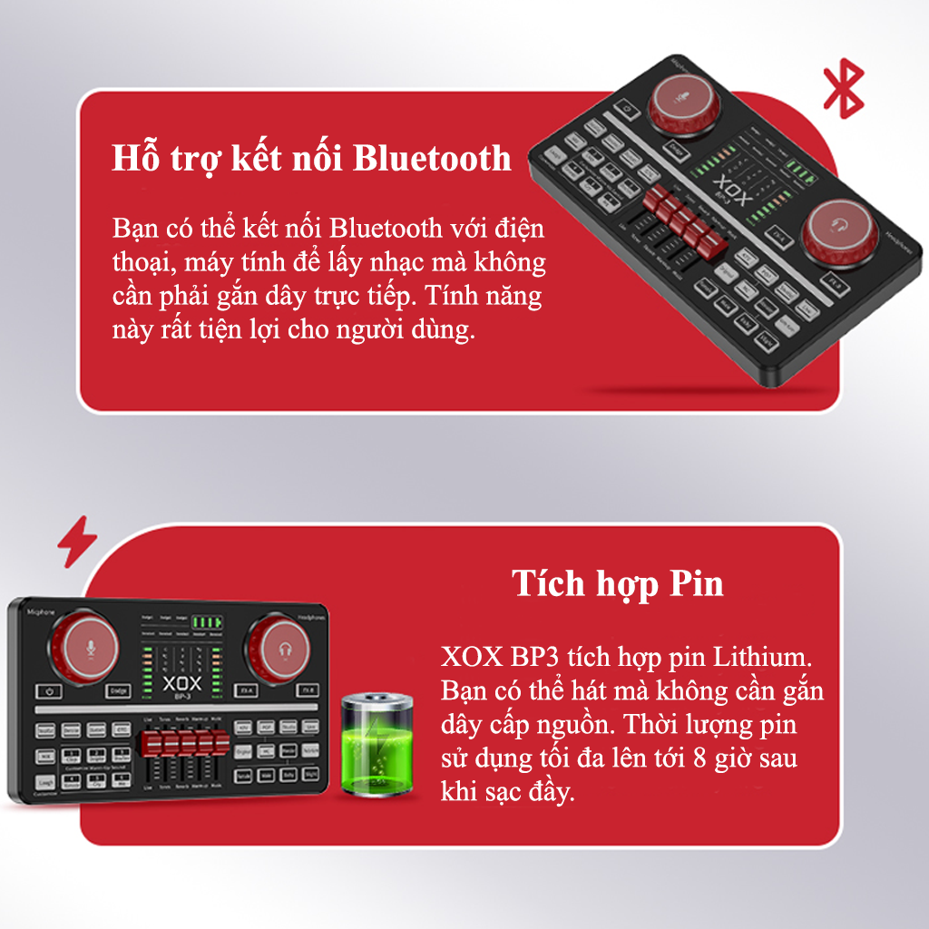 sound card xox bp3 tích hợp pin sạc và kết nối bluetooth