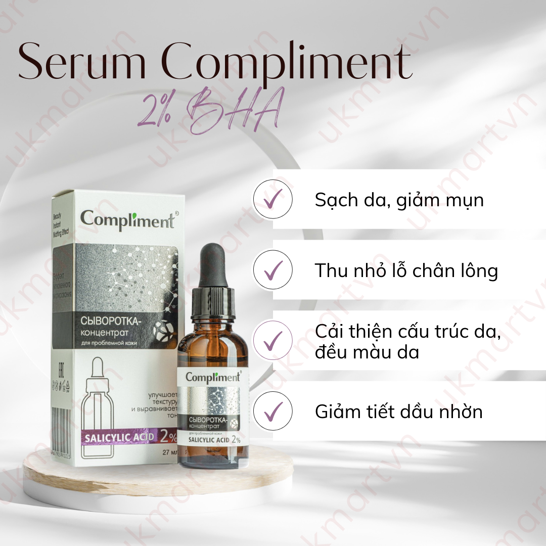 Serum Compliment 2% BHA Salicylic Acid Hyaluronic Acid B5 5% Vitamin C 20% Làm Sạch Da, Giảm Mụn Trắng Da Căng Bóng 27ml