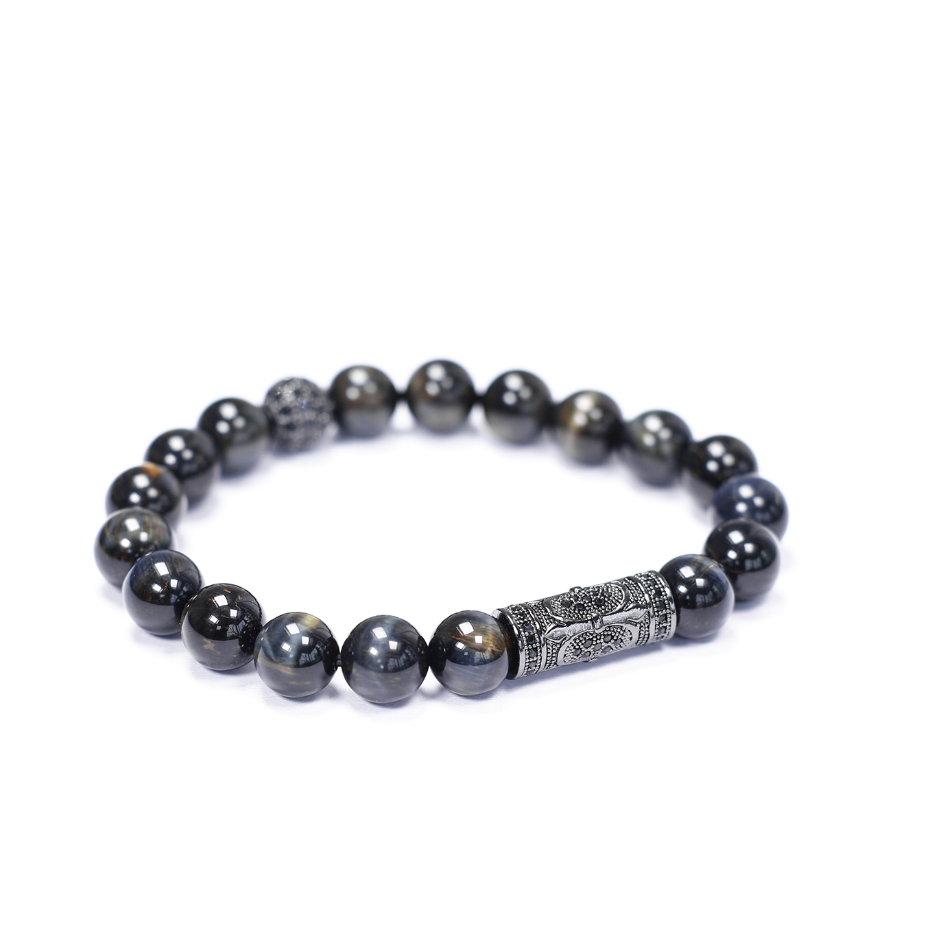 Vòng tay đá mắt hổ xanh đen phối charm hợp kim 8mm mệnh thủy,mộc - Ngọc Quý Gemstones