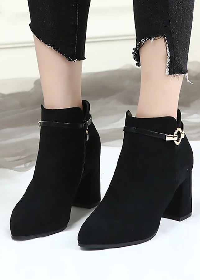 Giày Bốt Nữ Hapu Cao Gót Da Lộn Khóa Kéo Khuy Tròn