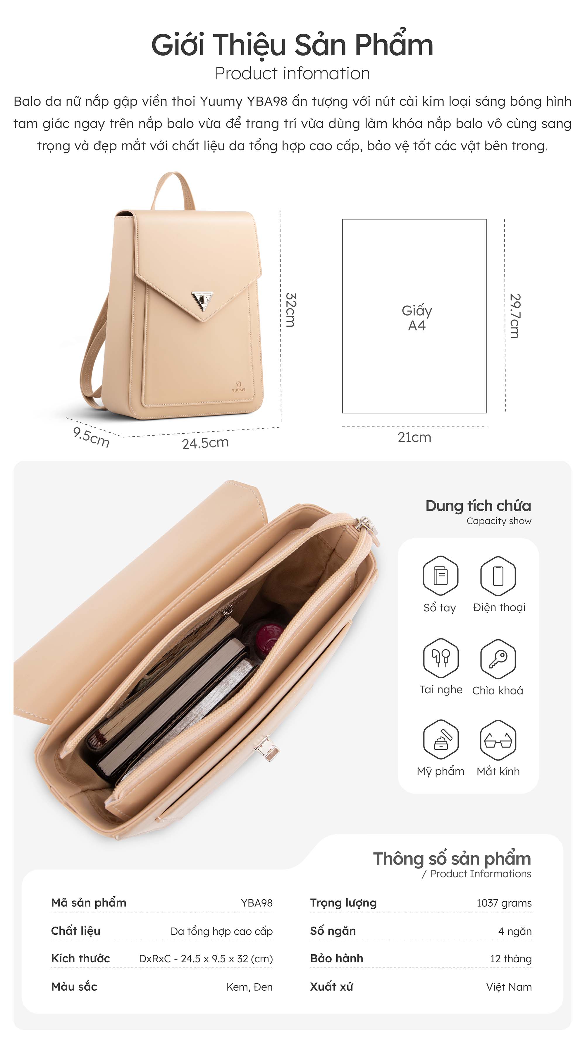 Balo Yuumy ( Thời trang nữ nắp gập dáng hộp cỡ lớn - Balo da Smooth YBA98 )