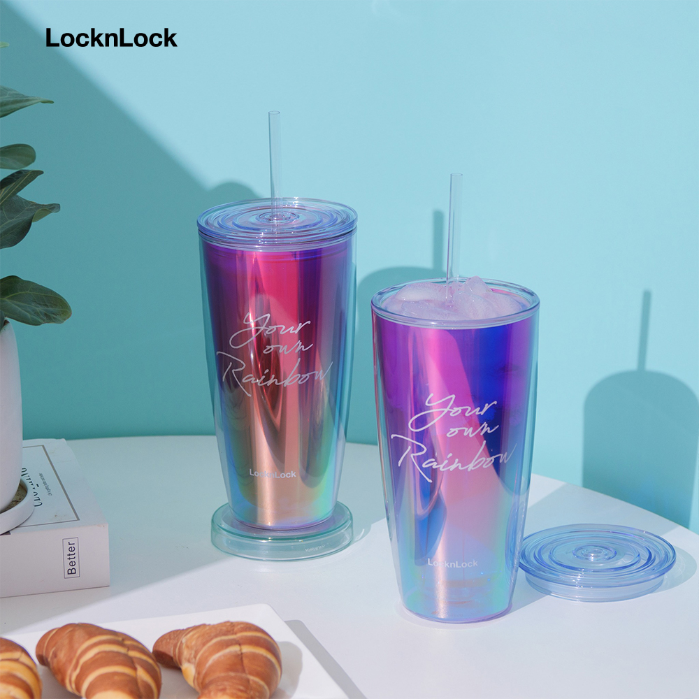 Ly nhựa 2 lớp LocknLock HAP507VOLH Rainbow - kèm ống hút 750ml - Màu cầu vồng