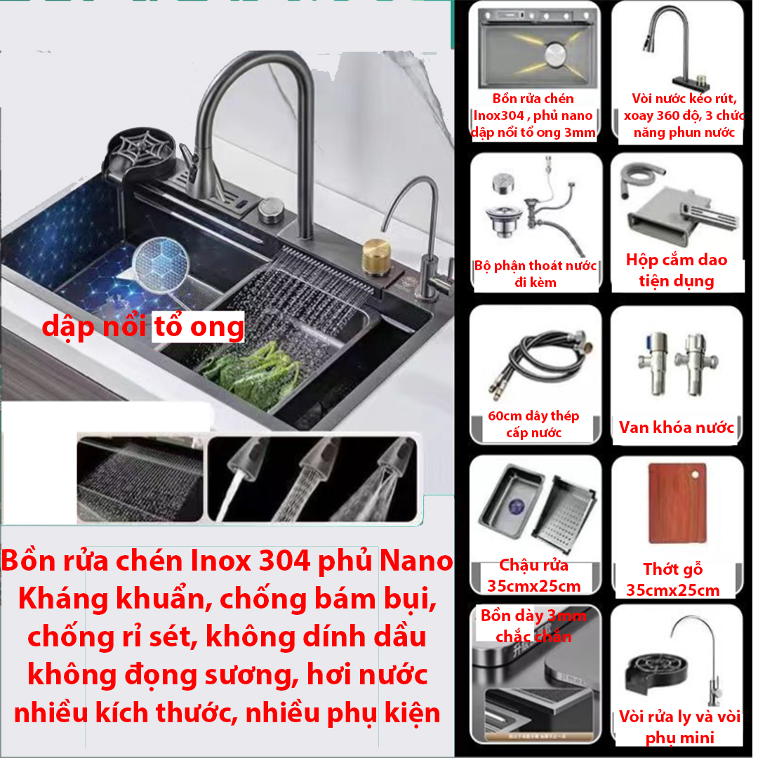 Chậu rửa bát 1 hố Inox 304 không rỉ, phủ Nano, Bồn rửa chén vòi xả thác Victory , dập vân nổi tổ ong