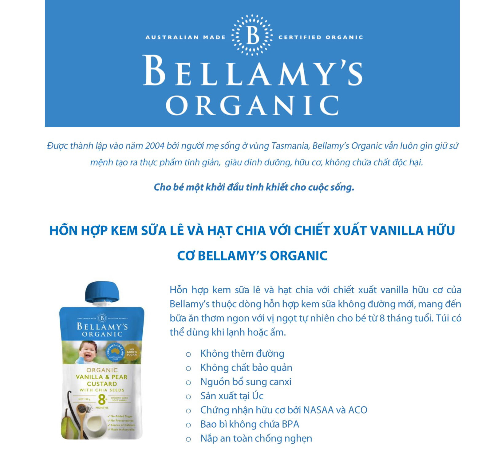 Hỗn Hợp Kem Sữa Lê Và Hạt Chia Với Chiết Xuất Vanilla Hữu Cơ Bellamy's Organic (120g)
