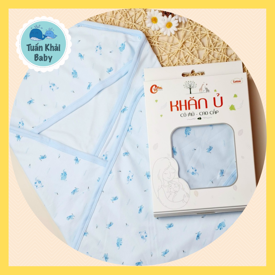 Hộp 1 Khăn Quấn Ủ Sơ Sinh Có Mũ Cao Cấp 2 Lớp CUNCON - Chất Vải Thun Co Giãn 4 chiều, ấm áp, thoải mái