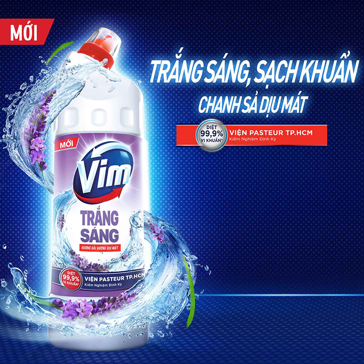 Combo Vim Trắng Sáng Hương Oải Hương Dịu Mát 880ml và Viên Treo Vệ Sinh Bồn Cầu Vim Power 5 Hương Chanh 55g
