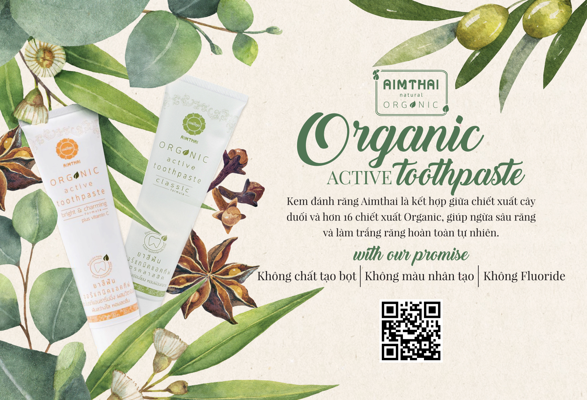 KEM ĐÁNH RĂNG THẢO DƯỢC ORGANIC AIMTHAI - CLASSIC- CHIẾT XUẤT VÀ TINH DẦU THẢO DƯỢC ORGANIC GIÚP TRẮNG RĂNG, THƠM MIỆNG, NGĂN NGỪA MẢNG BÁM 1