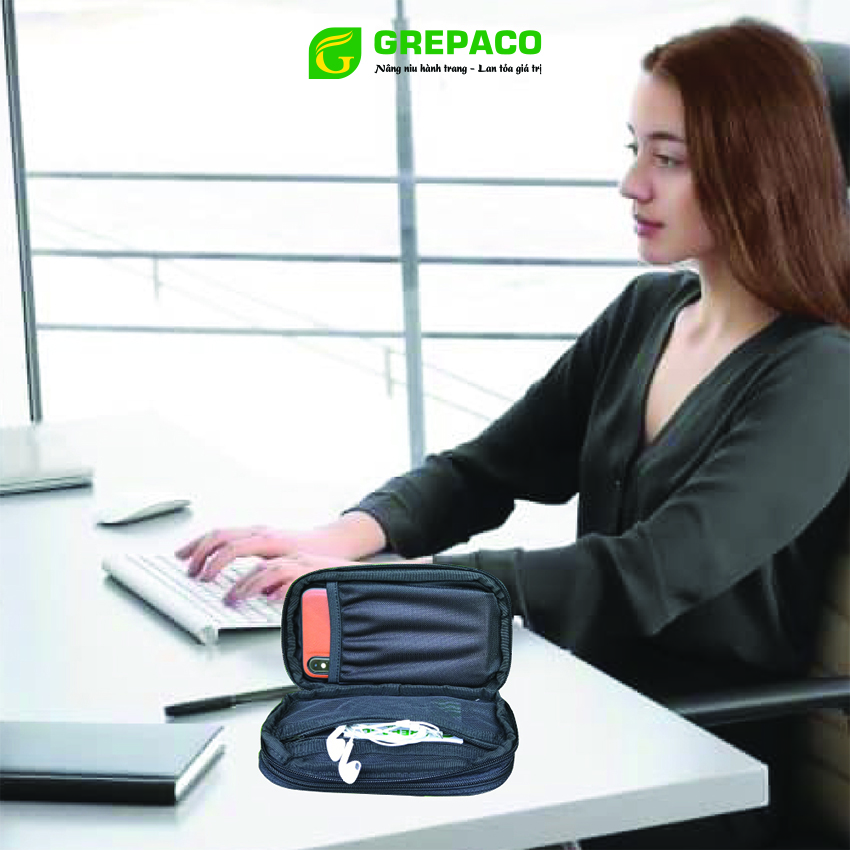 Túi Đựng Phụ Kiện Công Nghệ Grepaco, Pin Sạc Dự Phòng, Điện Thoại, Cáp Sạc USB, Tai Nghe Vải Bố Canvas, Nhiều Ngăn, Có Quai Cầm, Chống Nước, Khóa Kéo YKK Dành Cho Nam Nữ Đi Học, Làm, Du Lịch - Hàng Chính Hãng