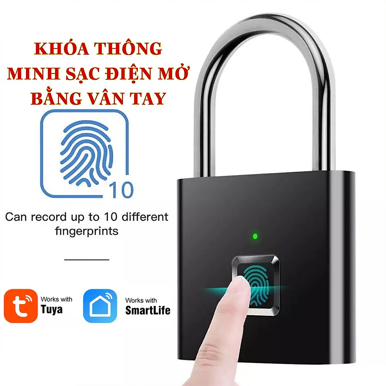 Ổ Khoá Vân Tay Thông Minh Vinetteam Kết Nối Bluetooth Mở Khoá Qua APP TUYA Giúp Bảo Vệ Nhà Cửa, Khoá Tủ An Toàn Tặng Kèm Cáp Sạc - Hàng Chính Hãng