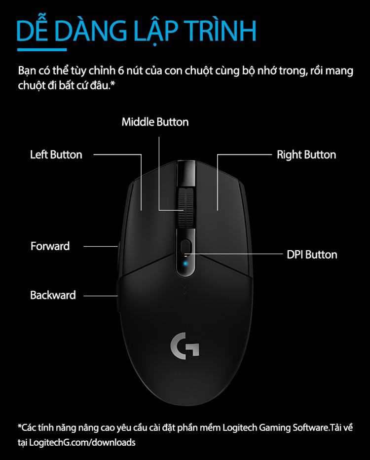 Chuột game không dây Lightspeed Logitech G304 - Cảm biến Hero, 12k DPI, nhẹ, 6 nút lập trình, on-board memory, pin 250h - Hàng chính hãng