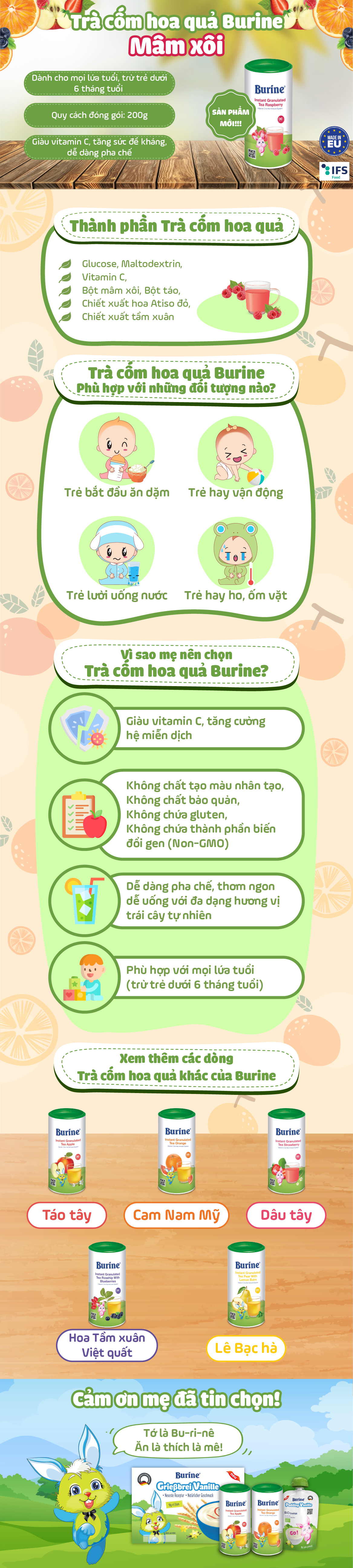 Trà cốm hoa quả Burine dinh dưỡng dành cho bé - Vị Mâm Xôi giúp hỗ trợ tiêu hoá, tăng cường đề kháng (Không dành cho trẻ dưới 6 tháng tuổi)