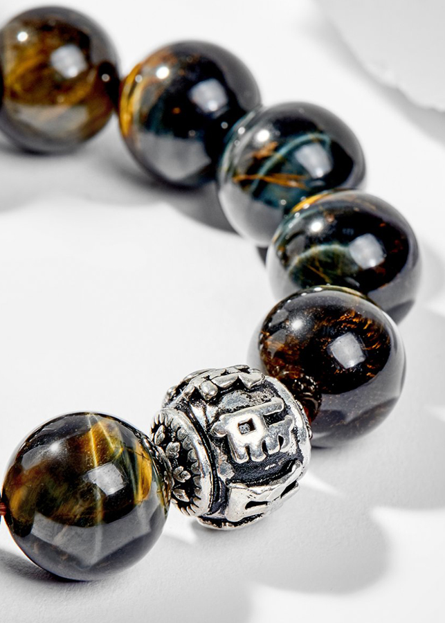 Vòng Tay Phong Thủy Nam Đá Mắt Hổ Xanh Đen Phối Charm Bạc (16mm) Mệnh Thủy, Mộc
