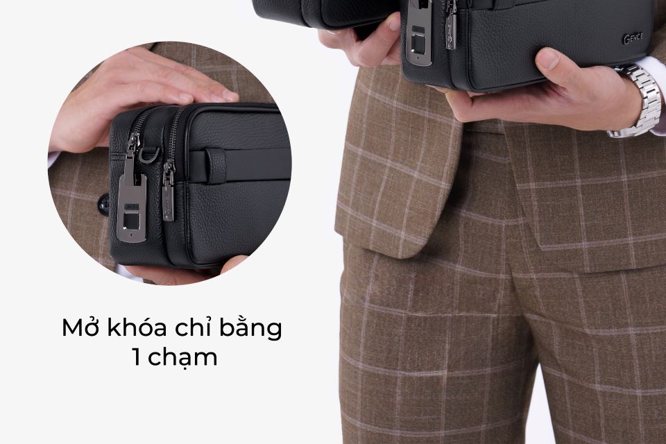 Clutch Đeo Chéo Ví Nam Cầm Tay GENCE RB08 Da Bò Khóa Vân Tay Cao Cấp Màu Đen