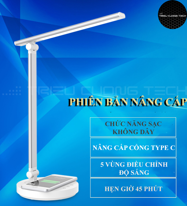 Đèn Led Bàn Đọc Sách Làm Việc Chống Cận - Cảm Ứng - Hỗ Trợ Sạc Không Dây - Điều Chỉnh Vùng Ánh Sáng Cho Sinh Viên - Học Sinh - Văn Phòng - Hàng Chính Hãng