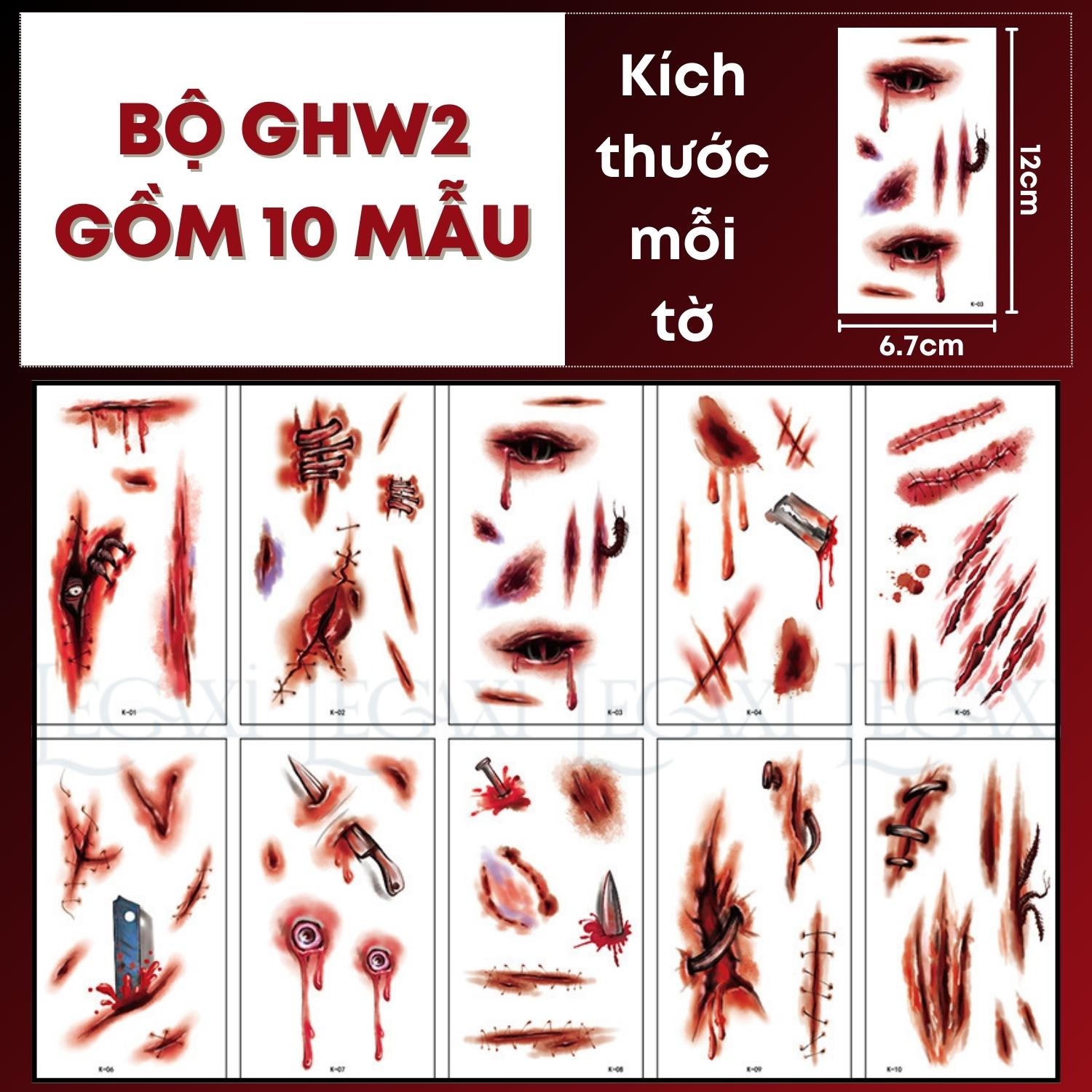 Miếng dán hình xăm kinh dị hóa trang Halloween vết sẹo xước máu giả vết khâu chảy máu vết thương Legaxi