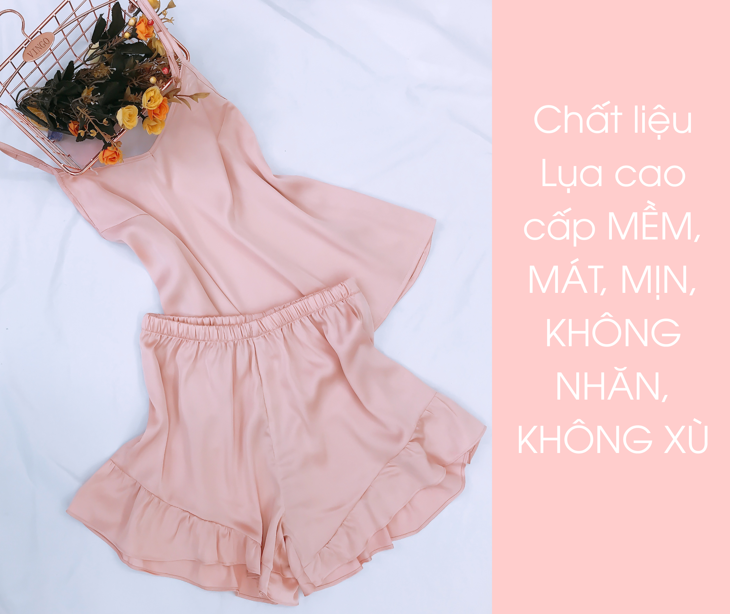 Bộ đồ ngủ nữ mặc nhà 2 dây lụa cao cấp mềm mại hàng thiết kế 4 màu hồng cam, đỏ, xanh ngọc, xan coban N248