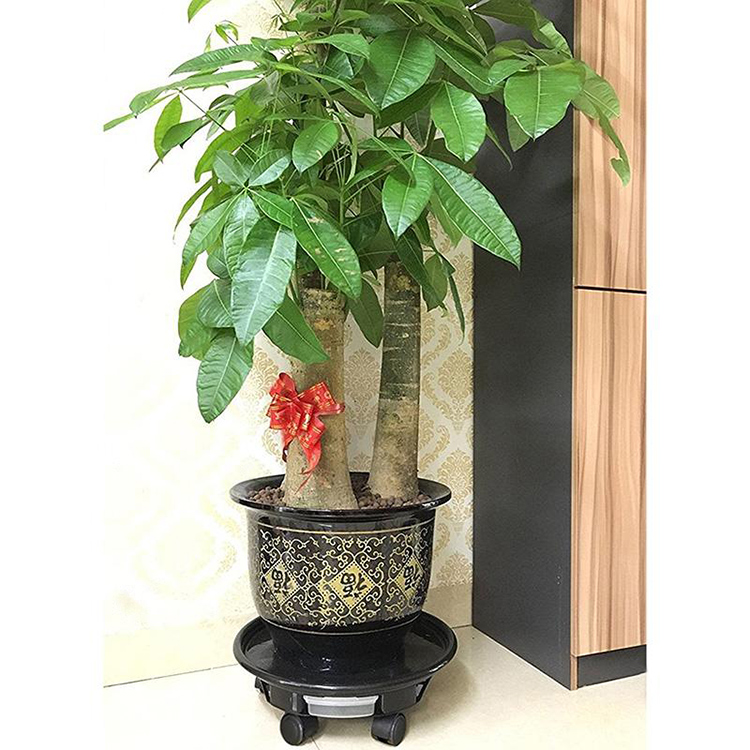 Natural Resin Round Plant Trolley with Caster Wheels And Water Drawer