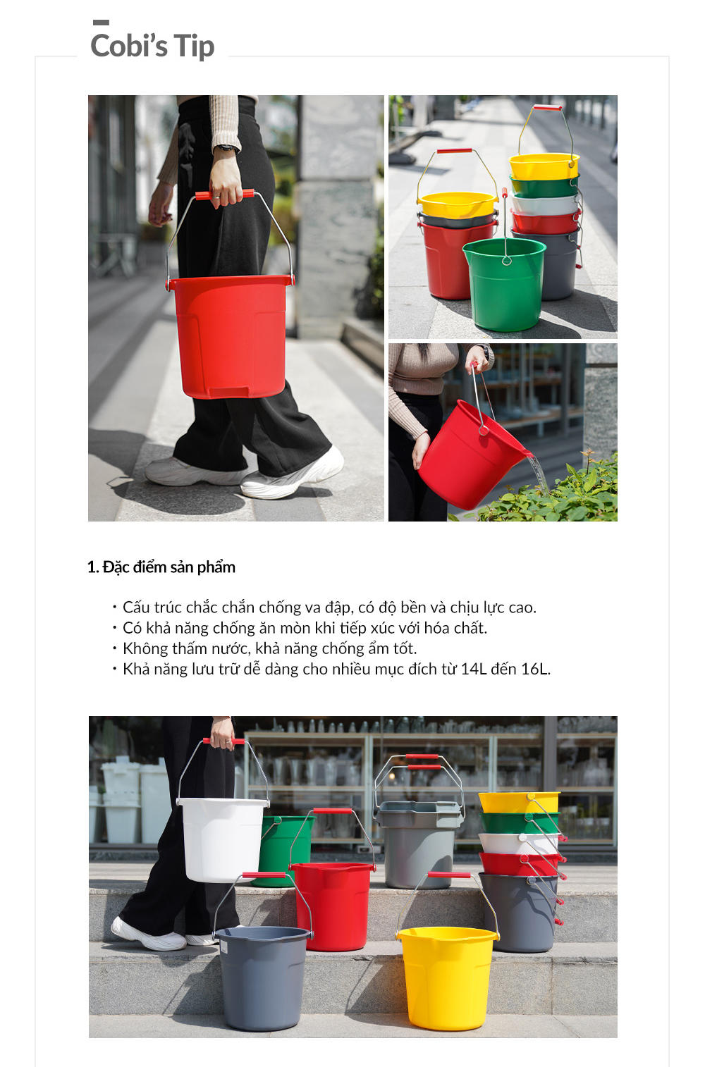 Xô nước nhựa màu xám 10L và 14L