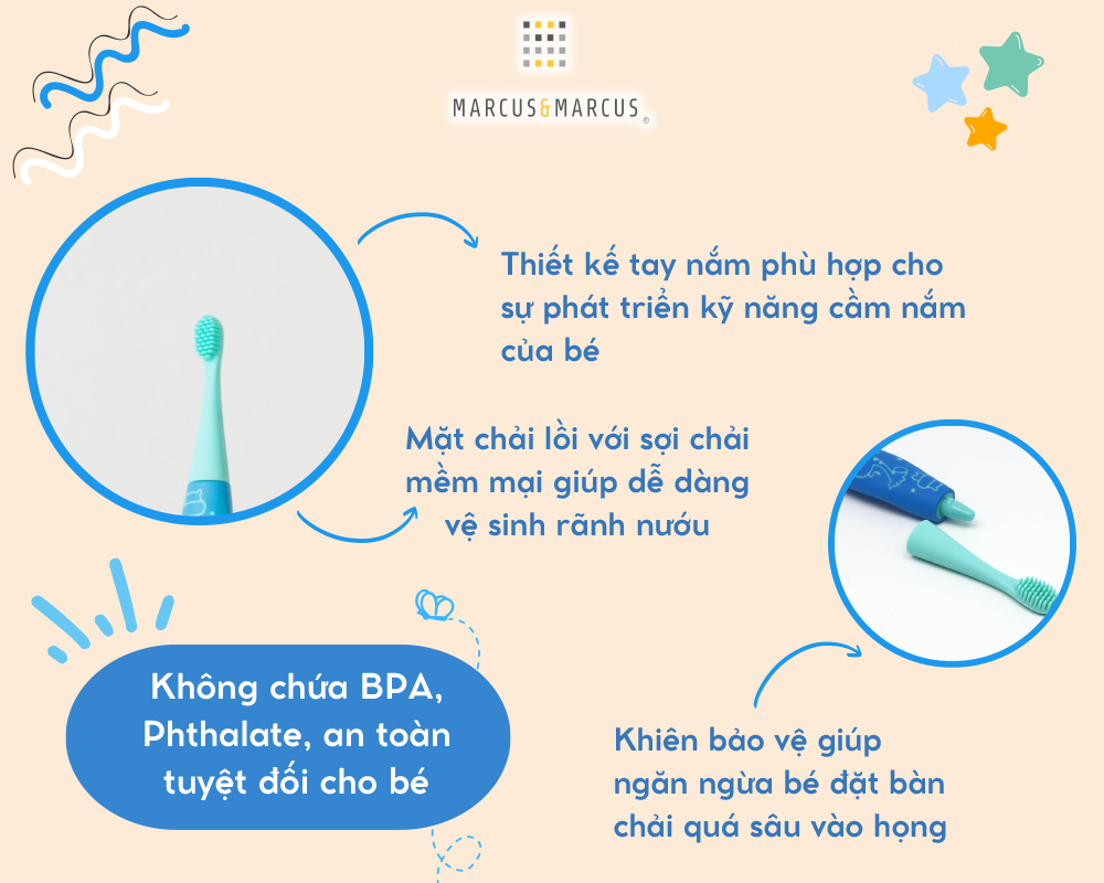 Bàn chải đánh răng silicon cho bé Marcus & Marcus, từ 2 tuổi - Xanh