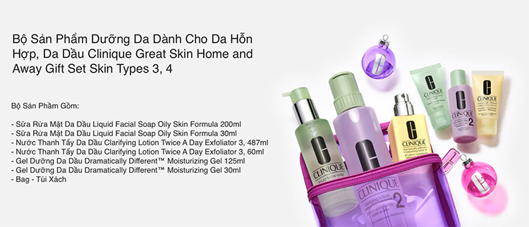 Bộ Sản Phẩm Dưỡng Da Dành Cho Da Hỗn Hợp, Da Dầu Clinique Great Skin Home and Away Gift Set Skin Types 3, 4 (Tặng túi ngẫu nhiên)