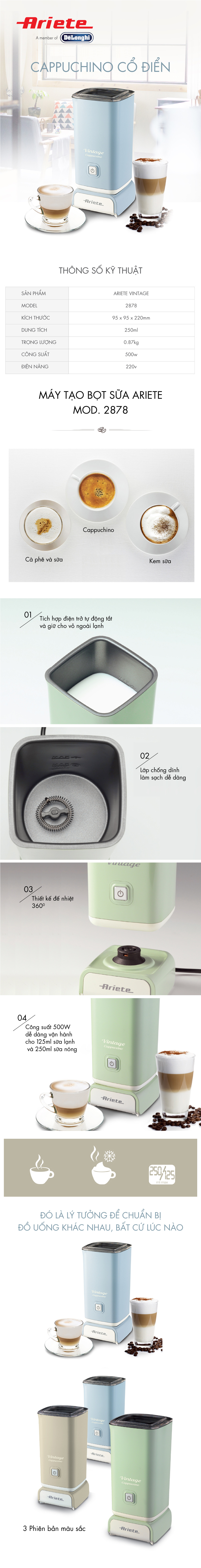 Máy tạo bọt sữa Ariete MOD. 2878/05 - (Xanh dương) - Hàng chính hãng