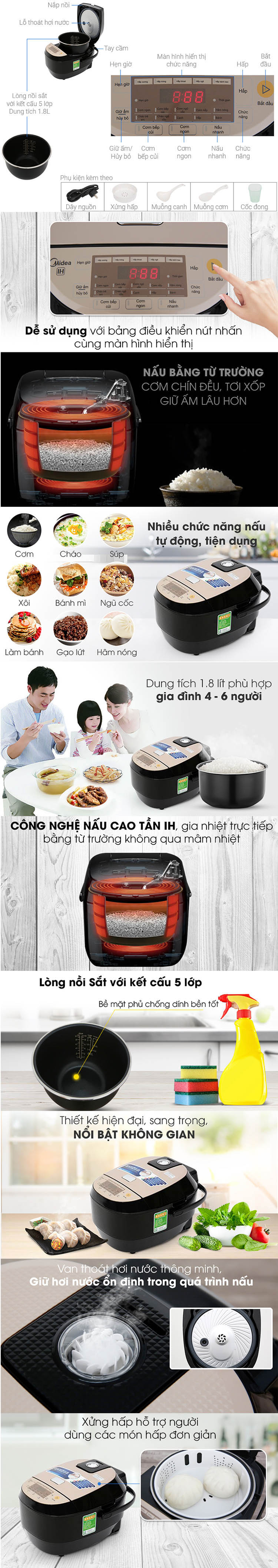 Nồi Cơm Điện Cao Tần Midea MB-HS5007 (1.8 Lít) - Hàng Chính Hãng