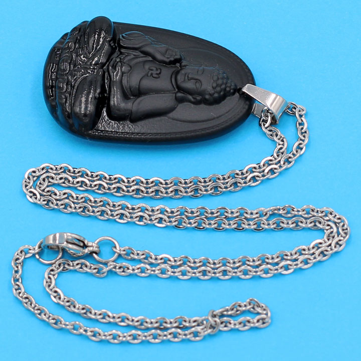 Vòng cổ mặt Phật A Di Đà - thạch anh đen 3.6cm DITTEB7 - dây inox bạc - kèm hộp nhung - tuổi Tuất, Hợi