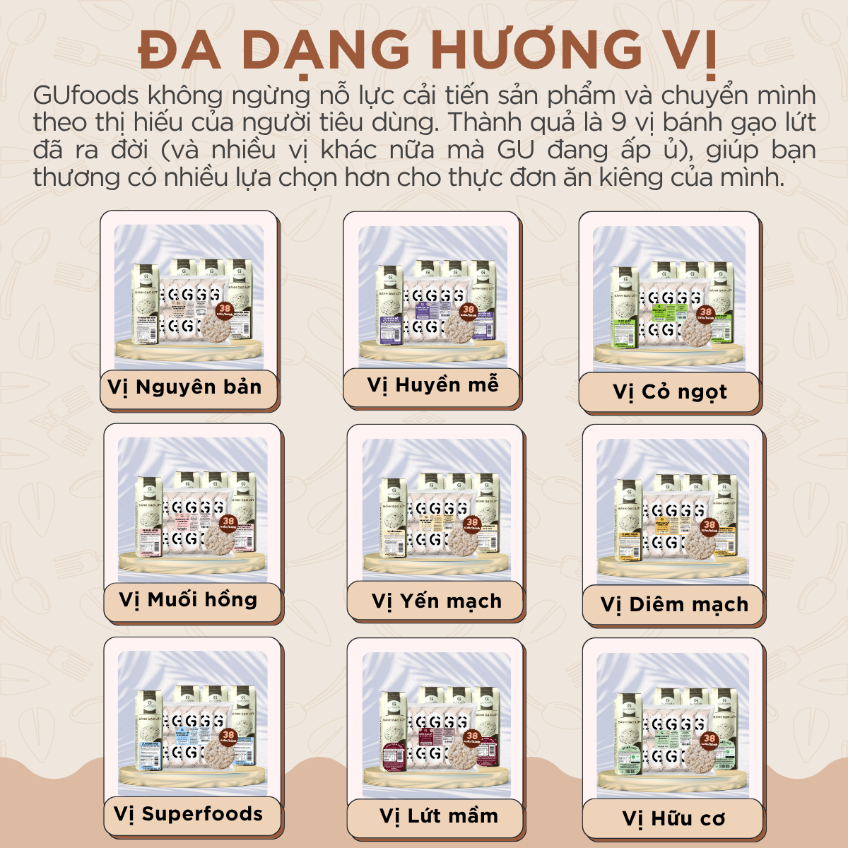 Bánh gạo lứt GUfoods - Không chiên dầu, Không đường, Từ gạo và ngũ cốc nguyên hạt, Lành mạnh, Phù hợp Eat clean, Ăn vặt healthy, Thực dưỡng, Tập gym, Thuần chay, Đa dạng hương vị (túi 300g = 30 bánh)